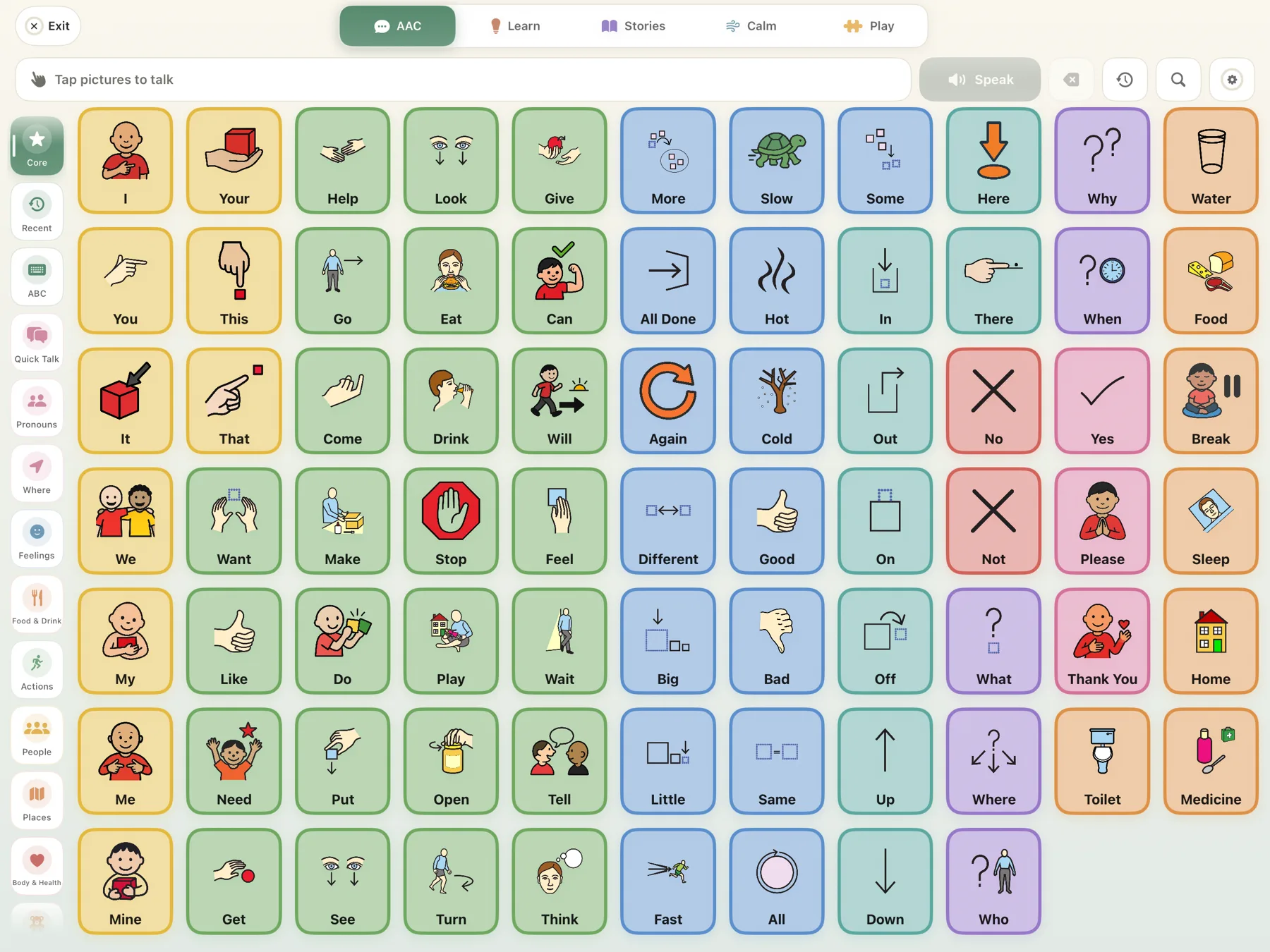 The Autipal AAC board on iPad — color-coded picture tiles a child taps to talk